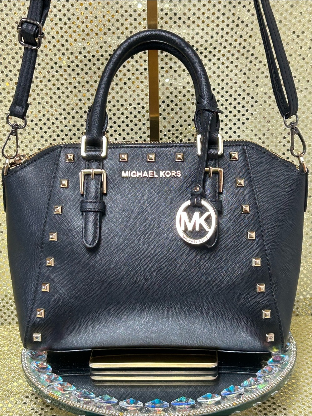 Michael Kors Black Saffiano Studded Satchel Crossbody Approx. 12 x 8.5 x 3.5